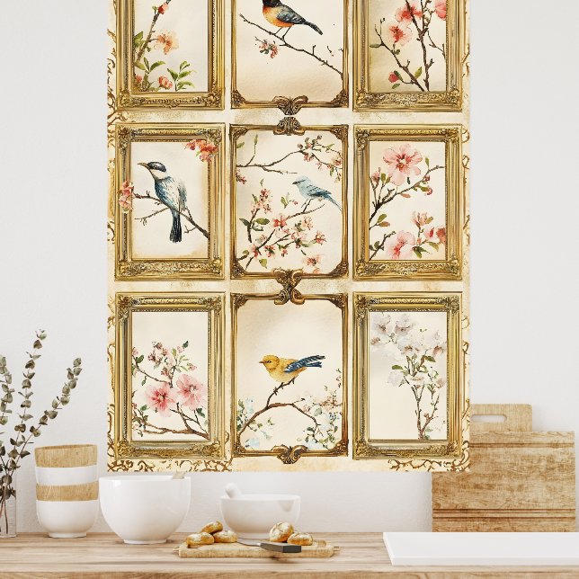 Fåglar och blommande grenar (körsbär eller persika poster (Kök)