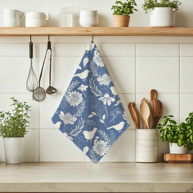 Fåglar och Blommar Blue & Cream Kökshandduk (Skapare uppladdad)