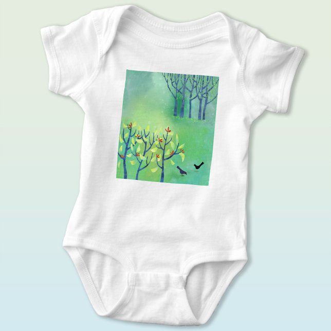 Fåglar och Blommar Landskapskonst T Shirt (Modern landscape with birds and blossom baby bodysuit)