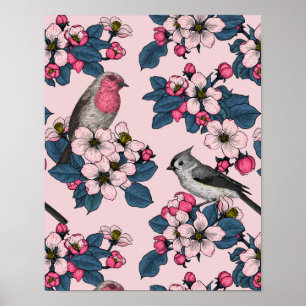 Fåglar och Blommar på rosan Poster