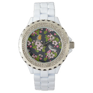 Fåglar och Blommar på svart Armbandsur