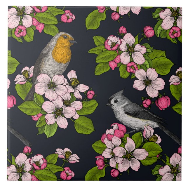 Fåglar och Blommar på svart Kakelplatta (Framsidan)