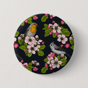 Fåglar och Blommar på svart Knapp