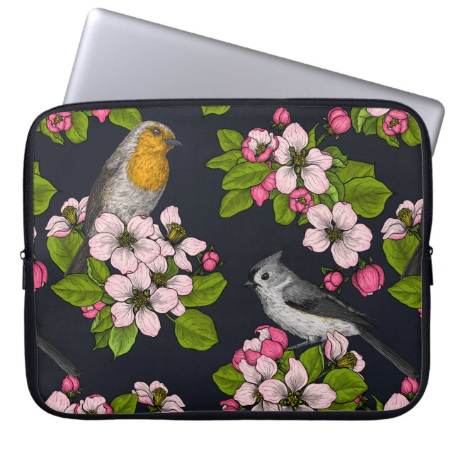 Fåglar och Blommar på svart Laptop Fodral (Framsidan)