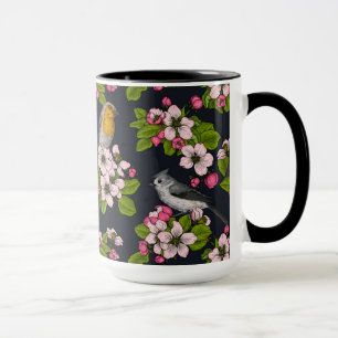 Fåglar och Blommar på svart Mugg