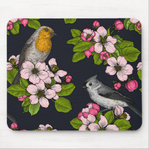 Fåglar och Blommar på svart Musmatta