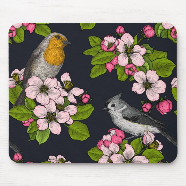 Fåglar och Blommar på svart Musmatta (Framsidan)