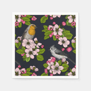 Fåglar och Blommar på svart Pappersservett