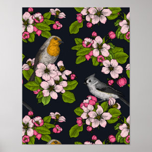 Fåglar och Blommar på svart Poster