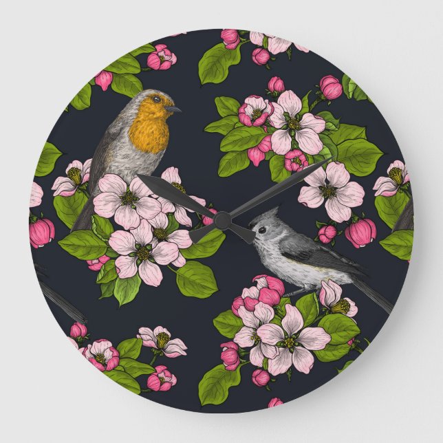 Fåglar och Blommar på svart Stor Klocka (Framsida)