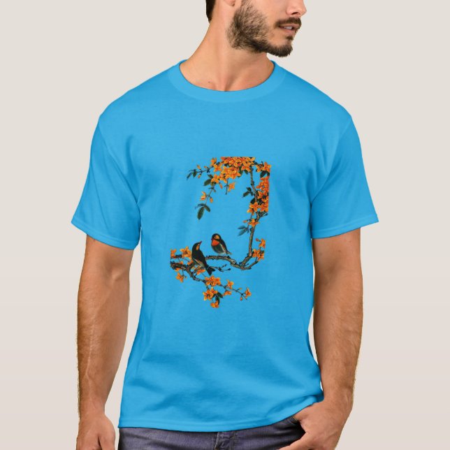 FÅGLAR OCH BLOMMMÄRKNING AV MANAR TEAL AVSLAPPNAD  T SHIRT (Framsida)