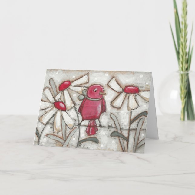 Fåglar och blommor, äppelrött - hälsningskort kort (Framsida)