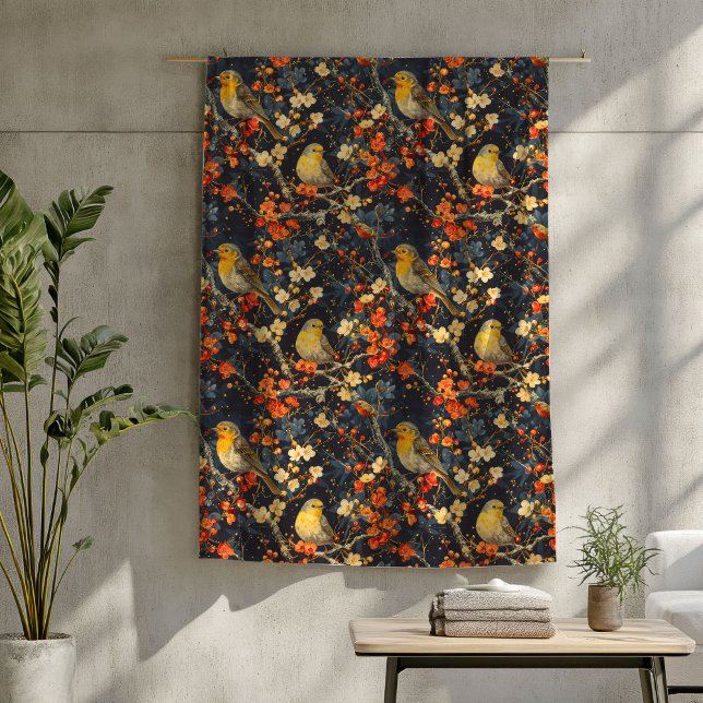 Fåglar och blommor, blanket för Mysiga flygnätter Fleecefilt (Birds and Flowers Blanket for Cozy Fall Nights)