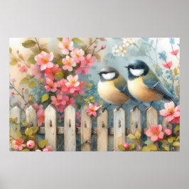 Fåglar och blommor i vår poster