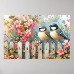 Fåglar och blommor i vår poster