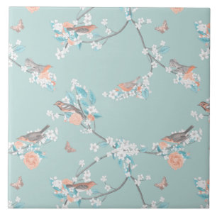 Fåglar och blommor kakelplatta