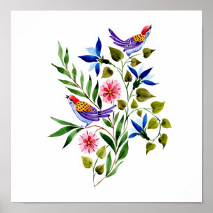 Fåglar och blommor, målning av vattenfärg poster