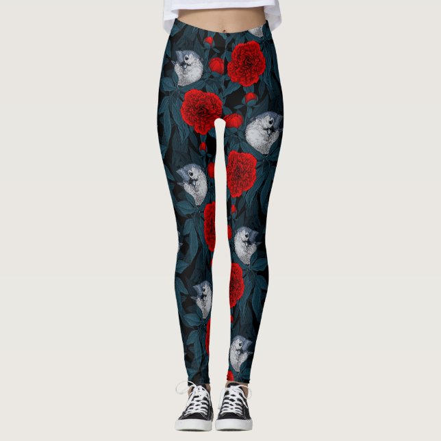 Fåglar och blommor med blå löv leggings (Framsida)