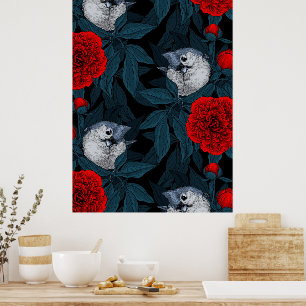 Fåglar och blommor med blå löv poster