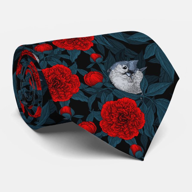 Fåglar och blommor med blå löv slips (Rullad)