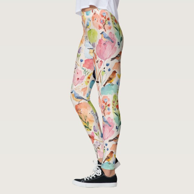 Fåglar och blommor med färgfärg leggings (Vänster)