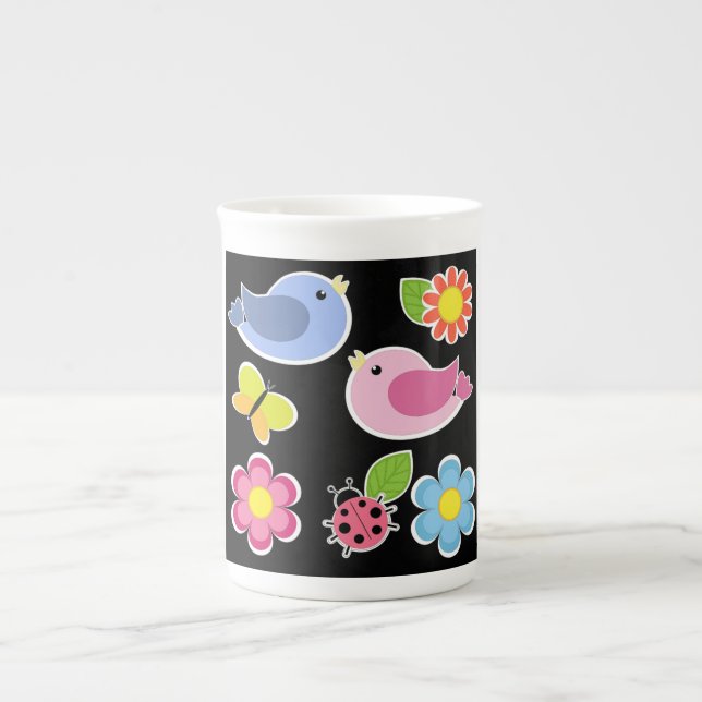 FÅGLAR OCH BLOMMOR MÖNSTER BENPORSLIN MUGG (Framsidan)