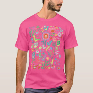 Fåglar och blommor - Pastellkritor på svart - Söt  T Shirt