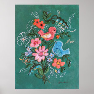 Fåglar och blommor poster
