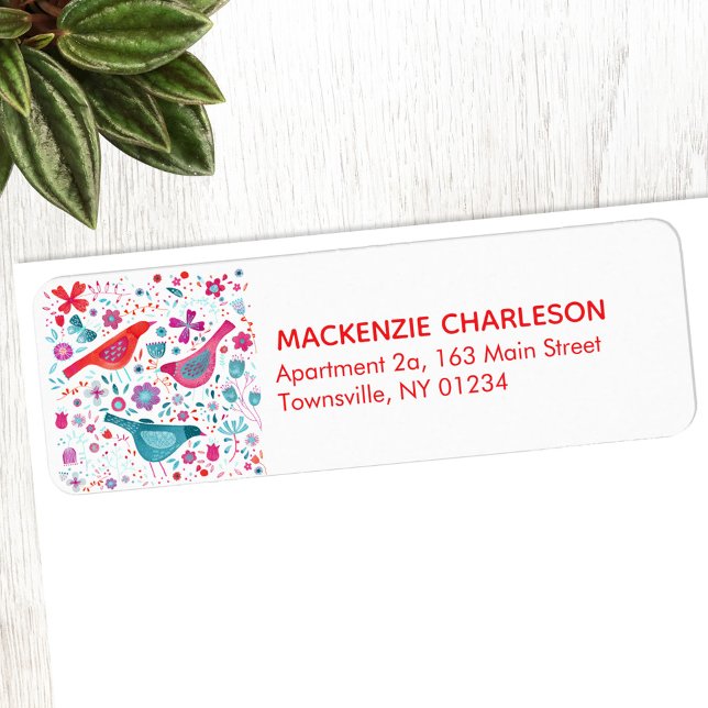 Fåglar och blommor Returadressen Anpassningsbar av Returadress Etikett (Watercolor bird and flower personalized return address label)