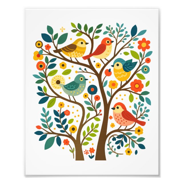 Fåglar och blommor Scandinavian Folk Art Fototryck (Framsidan)