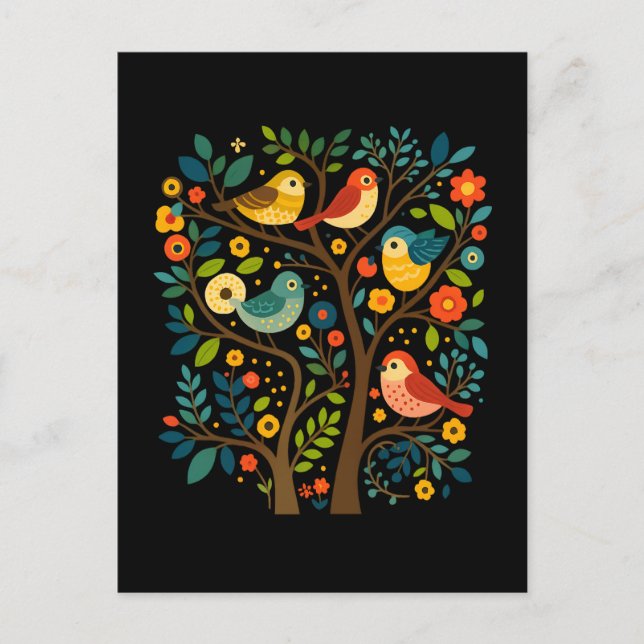 Fåglar och blommor Scandinavian Folk Art Helg Vykort (Framsida)