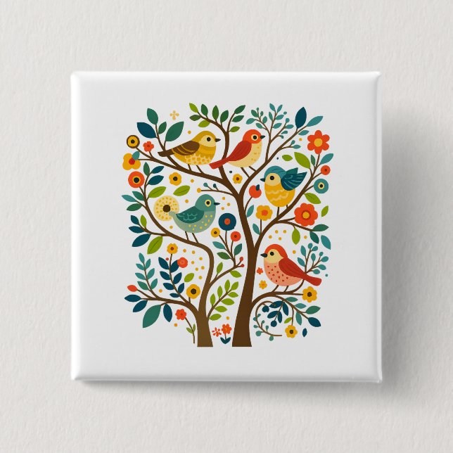 Fåglar och blommor Scandinavian Folk Art Knapp (Framsida)