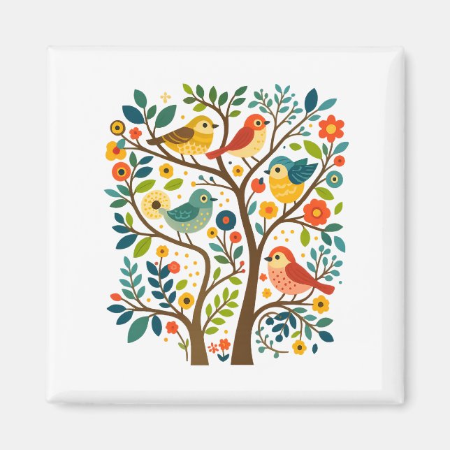 Fåglar och blommor Scandinavian Folk Art Magnet (Framsidan)