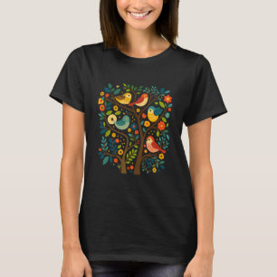 Fåglar och blommor Scandinavian Folk Art T Shirt