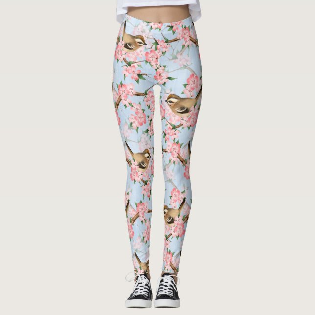 Fåglar och blommor. Vår gardern mönster Leggings (Framsida)