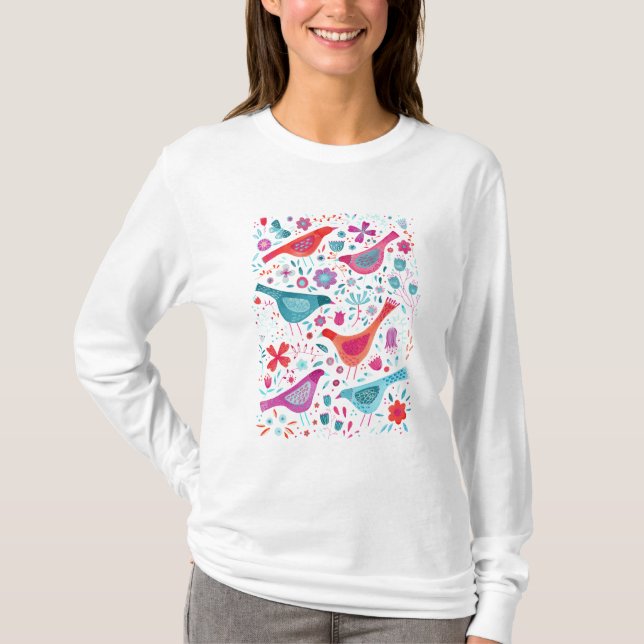 Fåglar och blommor Vattenfärg T Shirt (Framsida)