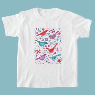 Fåglar och blommor Vattenfärg T Shirt