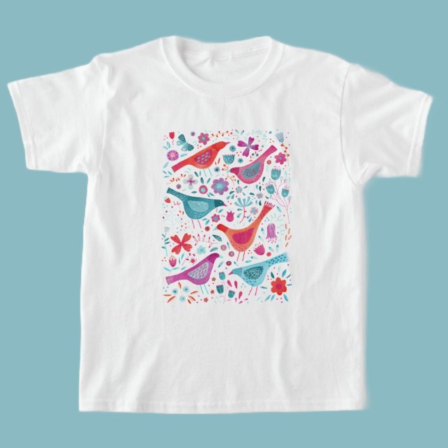 Fåglar och blommor Vattenfärg T Shirt (Watercolor bird art t-shirt)