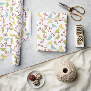 Fåglar och blommor, vattenfärgsskiss presentpapper