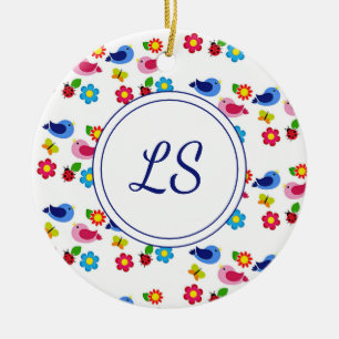 Fåglar och blommor, vita vår mönster julgransprydnad keramik