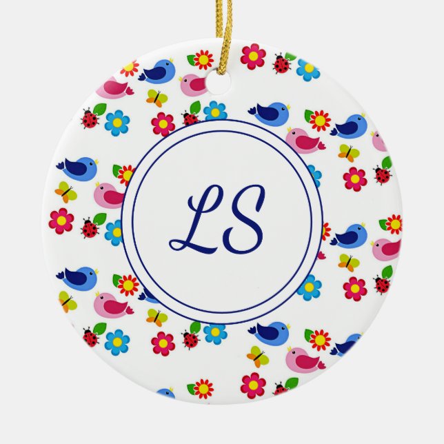 Fåglar och blommor, vita vår mönster julgransprydnad keramik (Framsidan)