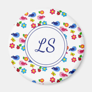 Fåglar och blommor, vita vår mönster magnet