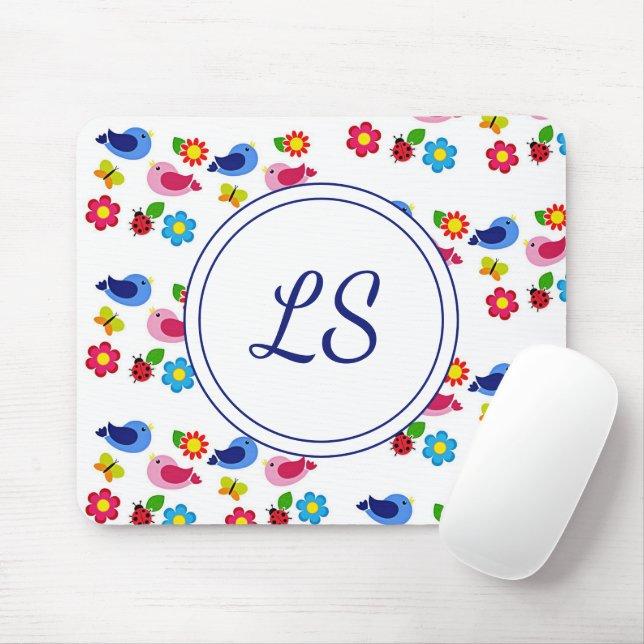 Fåglar och blommor, vita vår mönster musmatta (Med mus)
