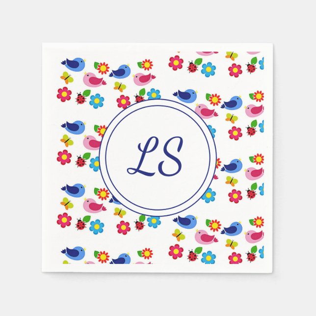 Fåglar och blommor, vita vår mönster pappersservett (Framsidan)