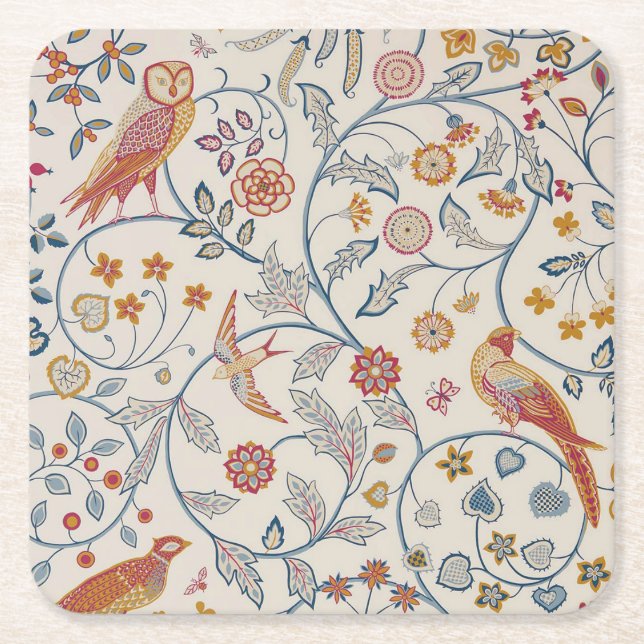 Fåglar och blommor, William Morris Underlägg Papper Kvadrat (Framsidan)