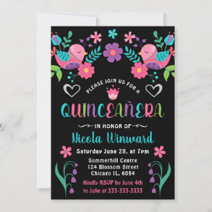 Fåglar och blomster Mexikansk Fiesta Quinceañera Inbjudningar