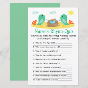 Fåglar och bo Nursery Rhyme Quiz-babyduschspel