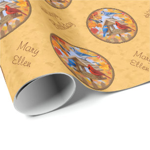 Fåglar och fågelfeeder Autumn Guld Presentpapper