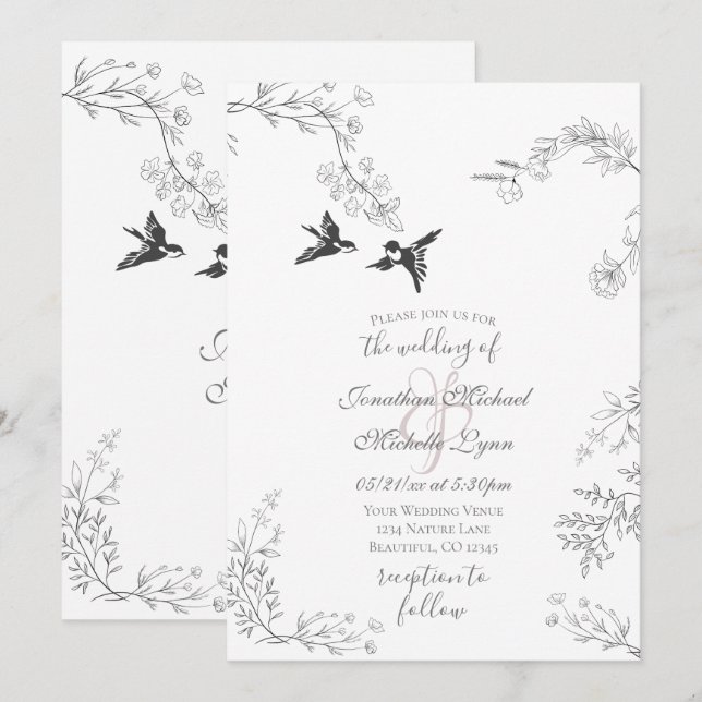 Fåglar och Grenar Söt Blommigt Garden Wedding Inbjudningar (Fram/baksida)