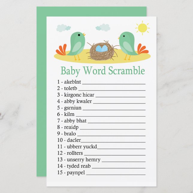 Fåglar och häckfågelvilt i Baby ord (Fram/baksida)